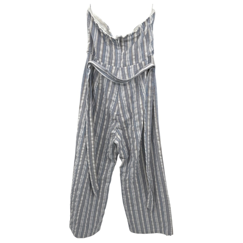 Lulus Striped Strapless Wide Leg Jumpsuit Tie Waist Linen Blend Small Prep Chic - Picture 3 of 12
